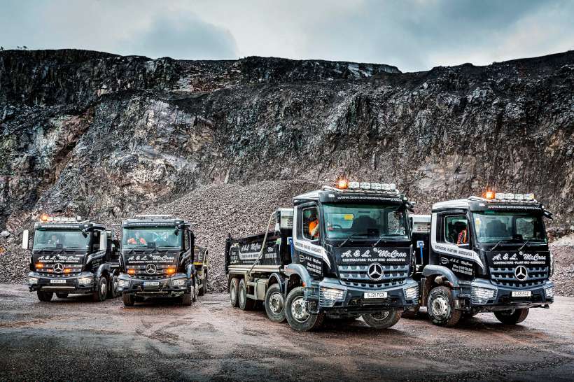 4 Mercedes Arocs Tippers in quarry